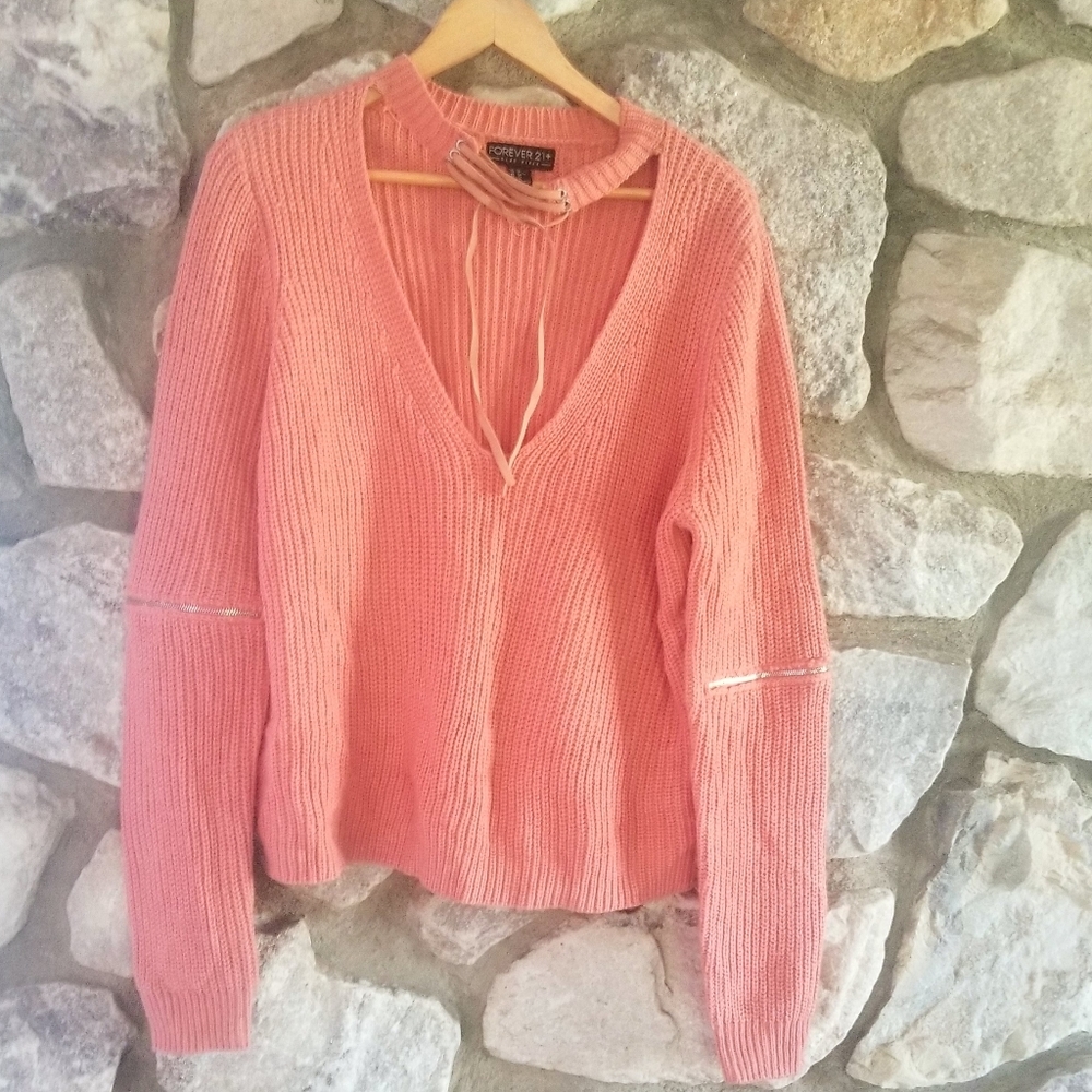 FOREVER 21 Lace up Choker V-neck Zipper Sweater - Picture 4 of 9